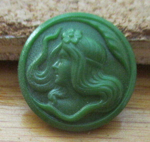 1 - Czech Glass Green Raised Woman Cameo on a Round Green Button #49 17.28mm