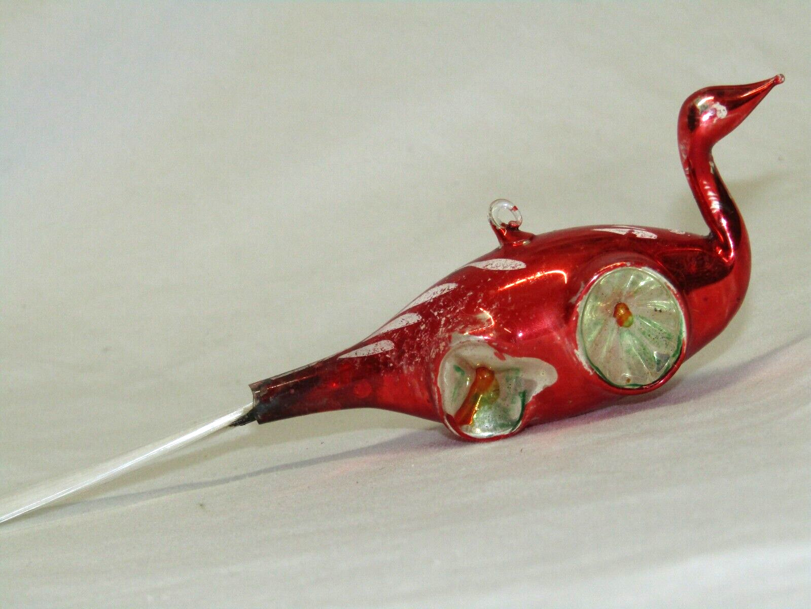 Antique German Red Glass Quadruple Indent Swan Bird Christmas Ornament 1950s
