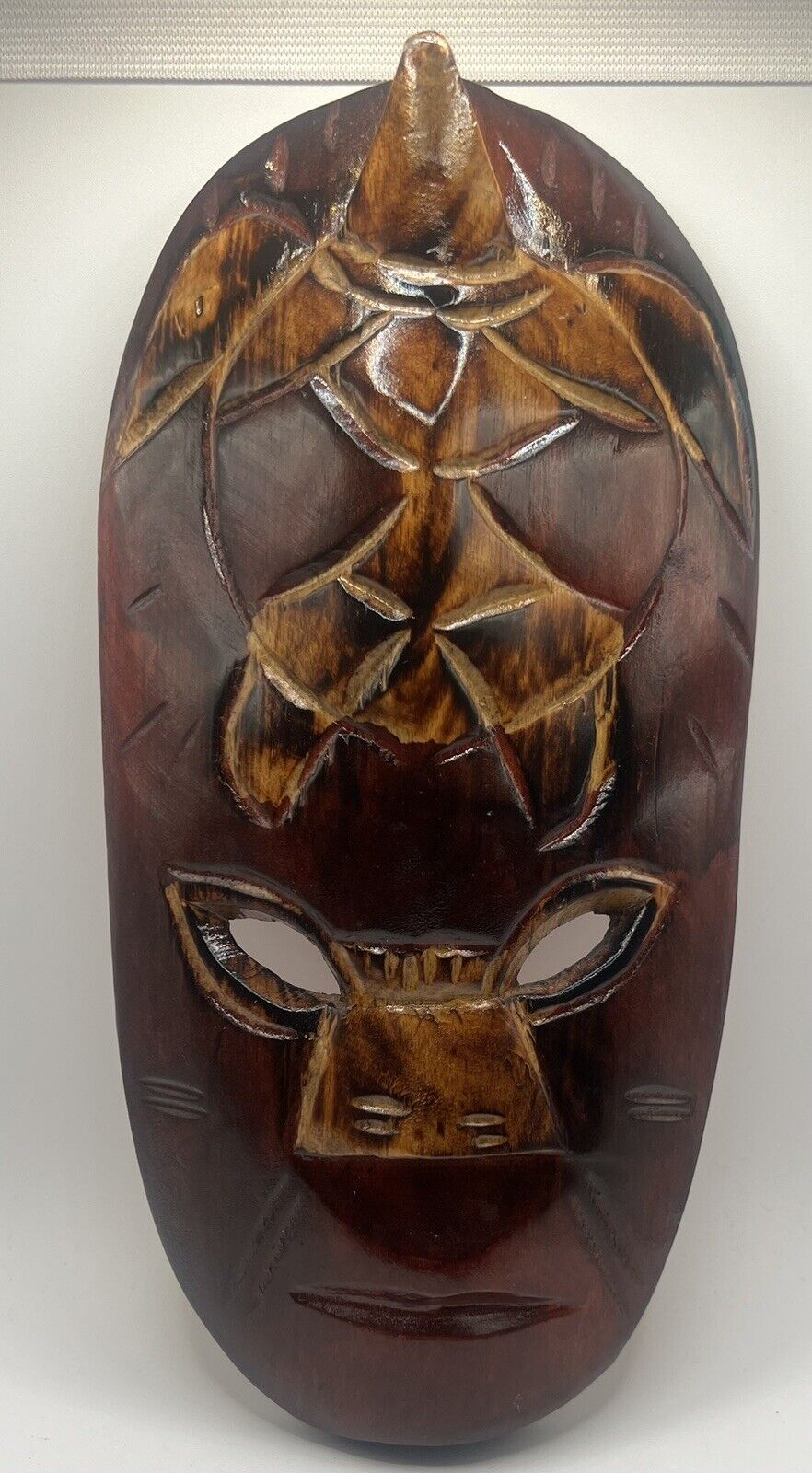 Vintage Wood Hand Craved Tribal Mask Featuring a Sea Turtle