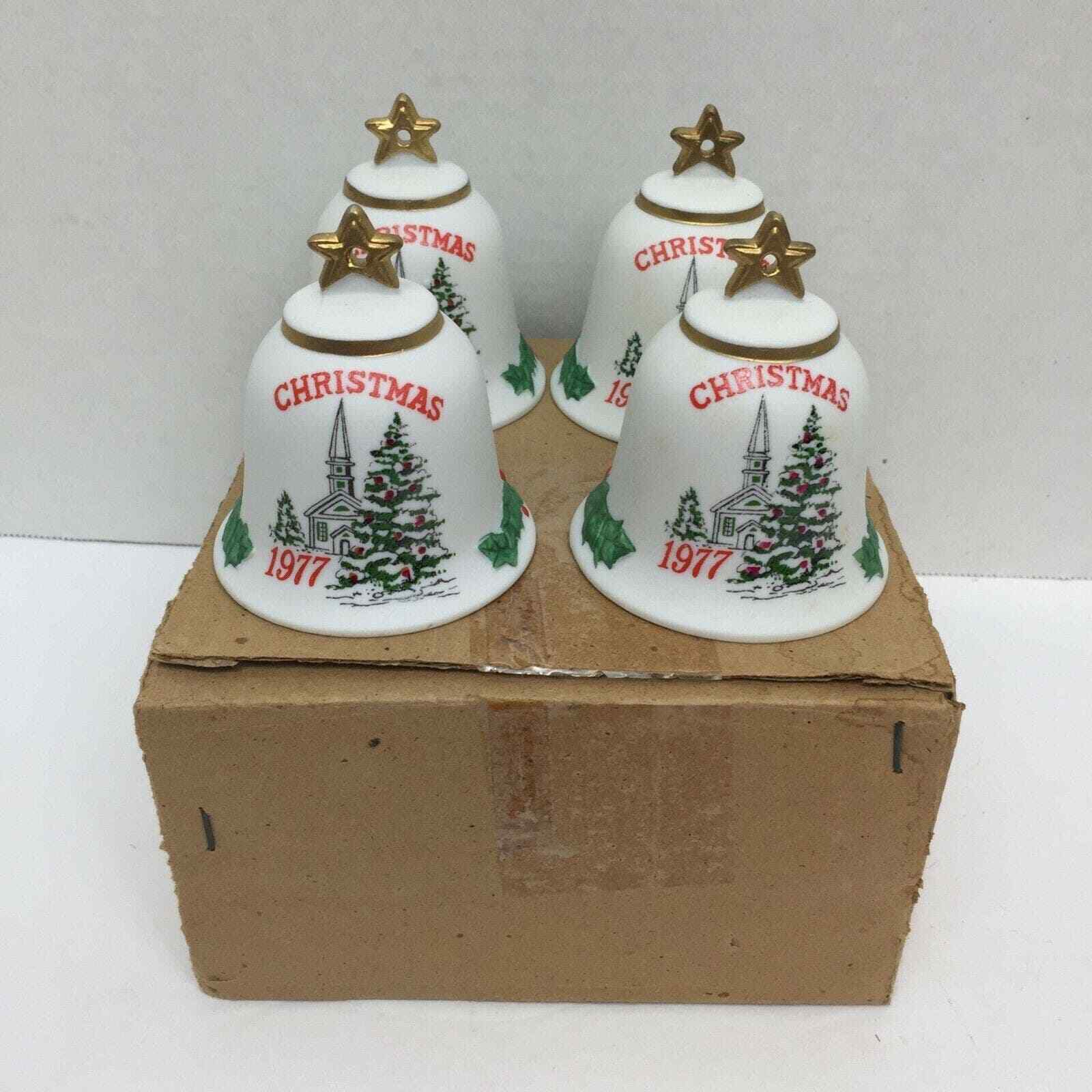 4 VTG Christmas Bell 1977 AA Importing Holly Church Tree Porcelain A909
