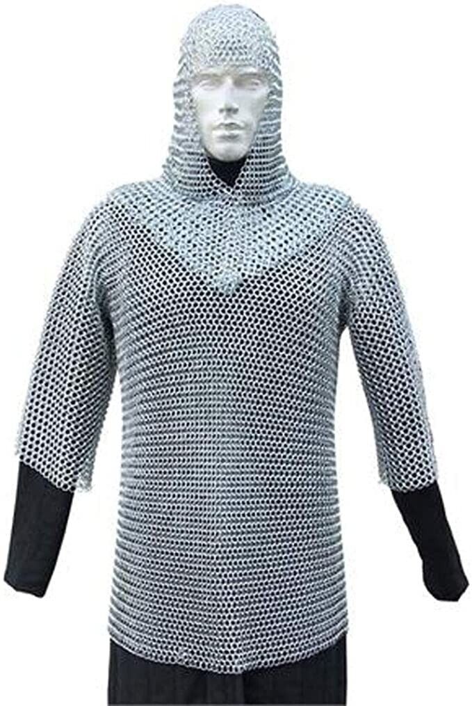 Museum Replica Medieval Chain Mail Armor Long Shirt and Coif Full Size Set