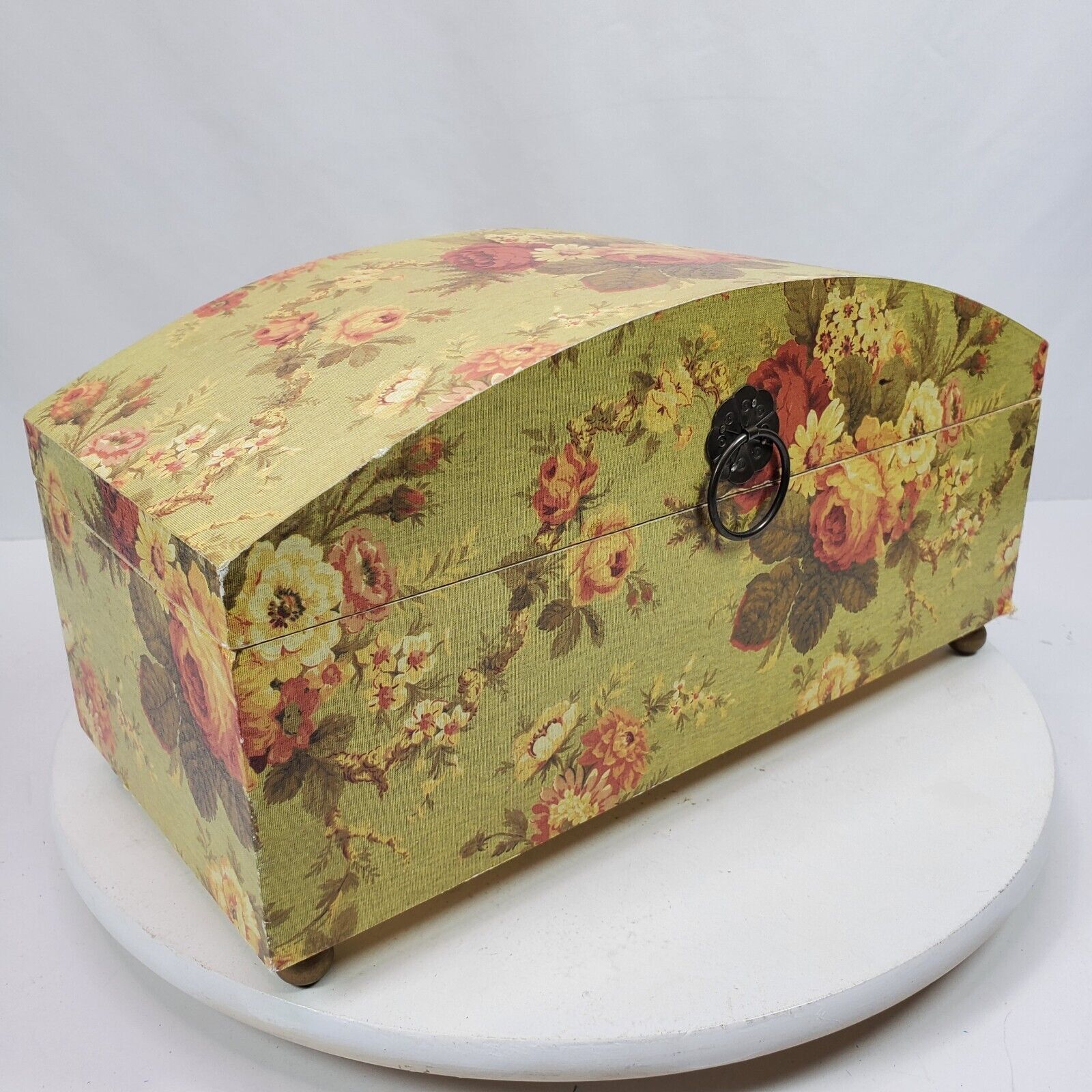 Vintage Victorian Floral Storage Box w/ Domed Lid 13x6x7 Inch