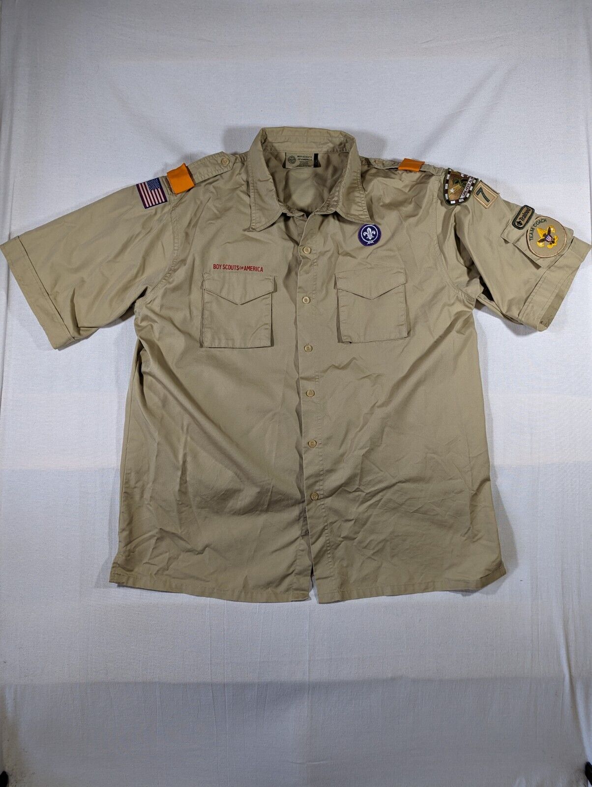 Boy Scouts of America Uniform Shirt Mens XL Button Up Short Sleeve Patches Khaki