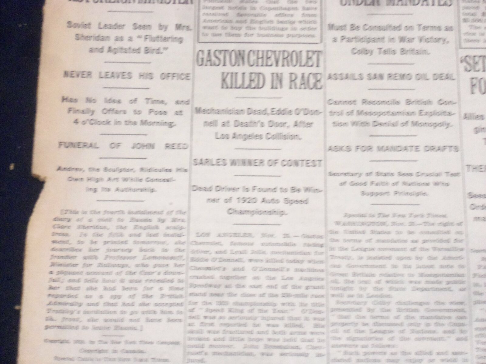 1920 NOVEMBER 26 NEW YORK TIMES - GASTON CHEVROLET KILLED IN RACE - NT 8460