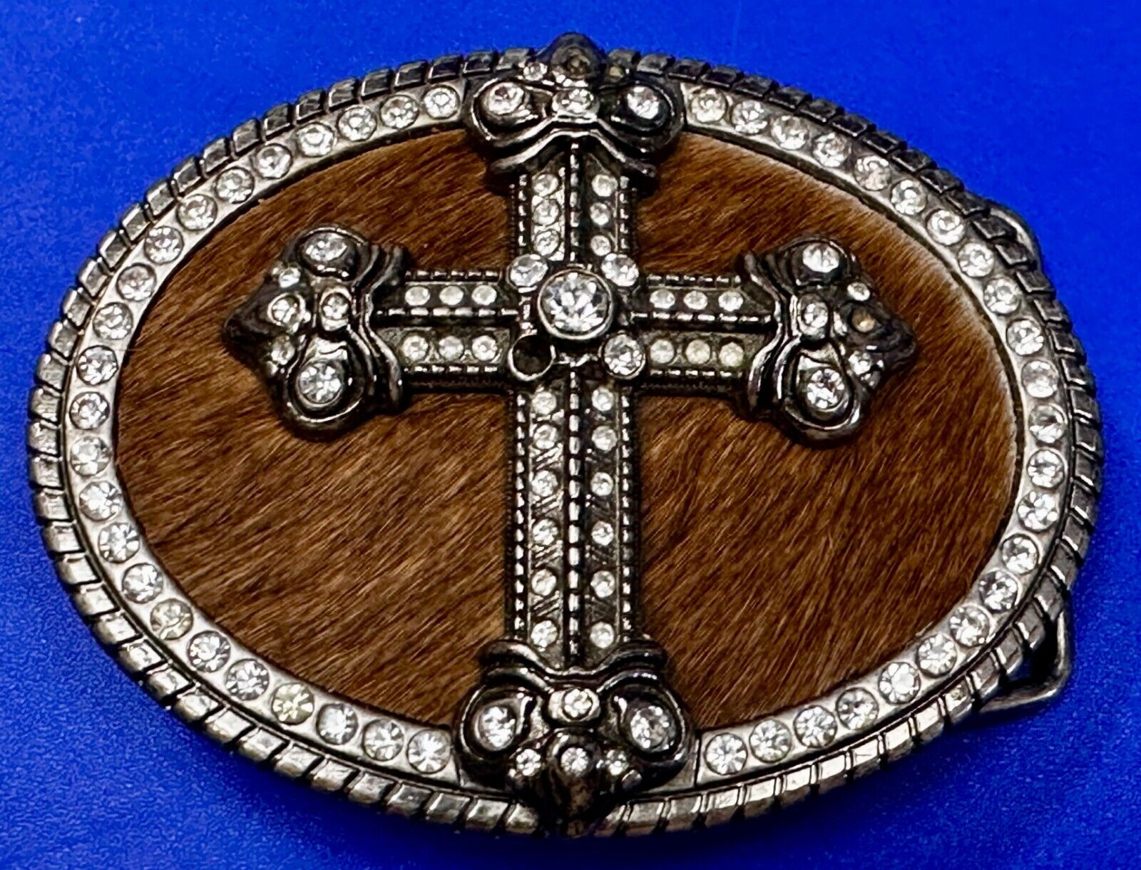 Cross on Cowhide Leather Religious Faith Belt Buckle - Missing a Rhinestone