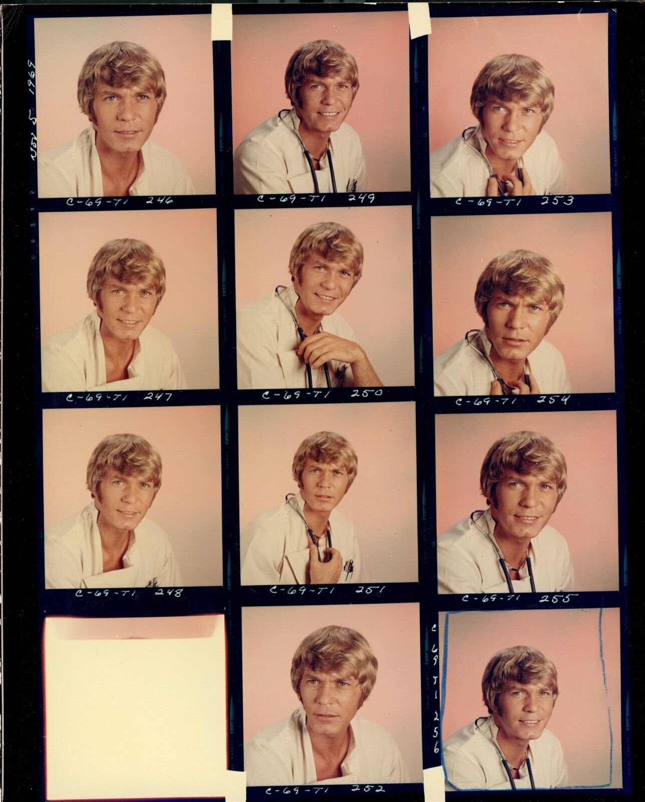 BR57 Rare Orig Color Contact Sheet Photo HANDSOME BLOND CELEBRITY Actor Doctor