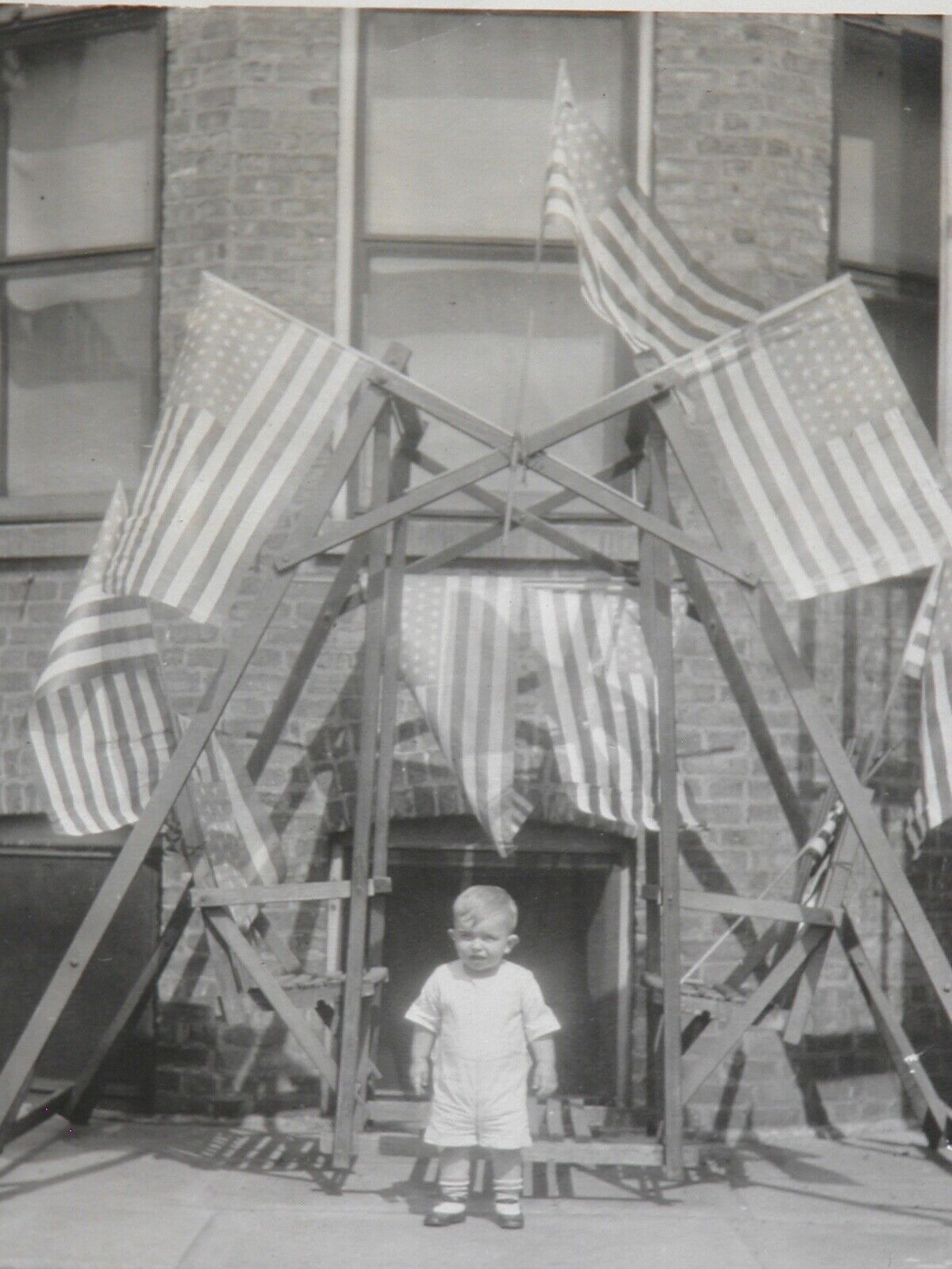 Vtg 1930s 40s Little Boy Patriot US Flag Snapshot Photograph Photo OOAK