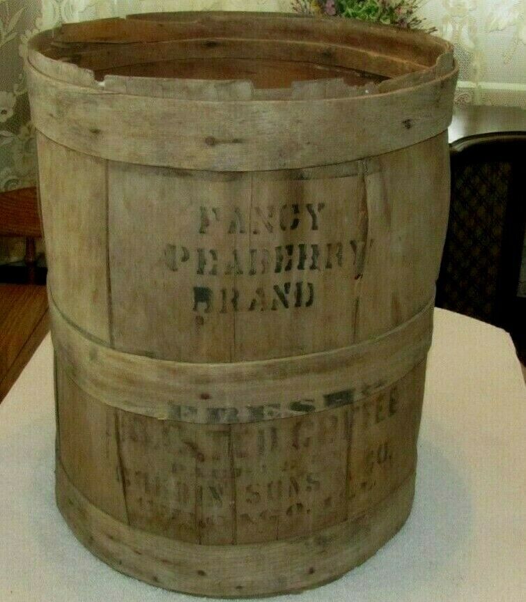 RARE Antique Large Wood Advertising Barrel General Store Peaberry Brand Coffee
