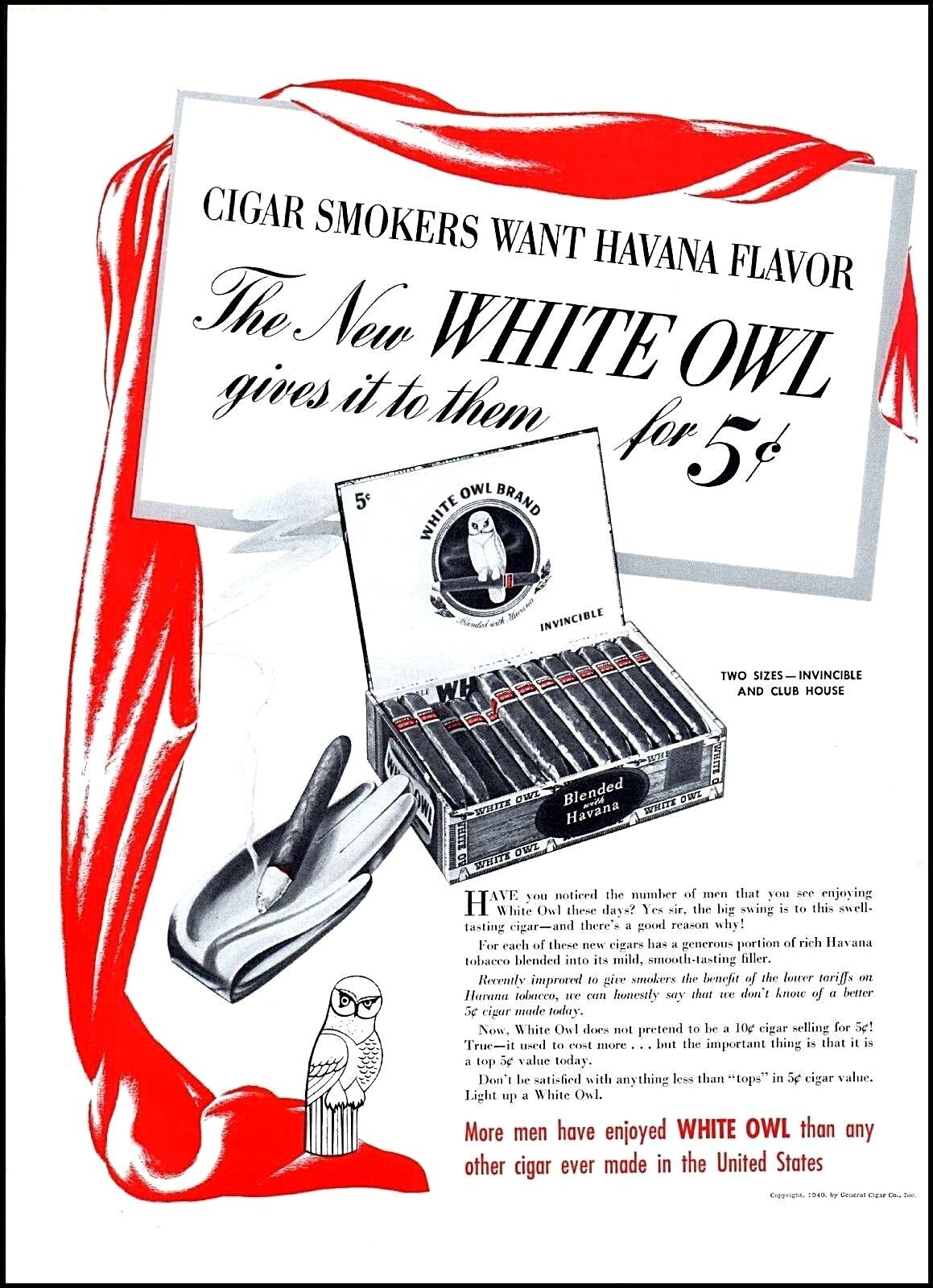 1940 White Owl Cigars Havana flavor box tobacco vintage art Print Ad ADL16