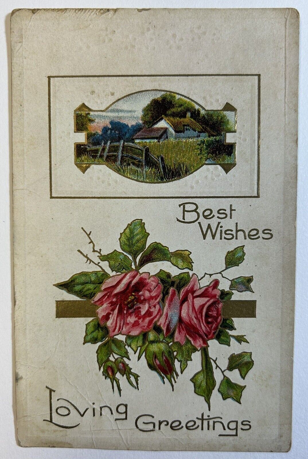 Best Wishes Loving Greetings Antique Embossed Floral Postcard, Posted Argos, IN 