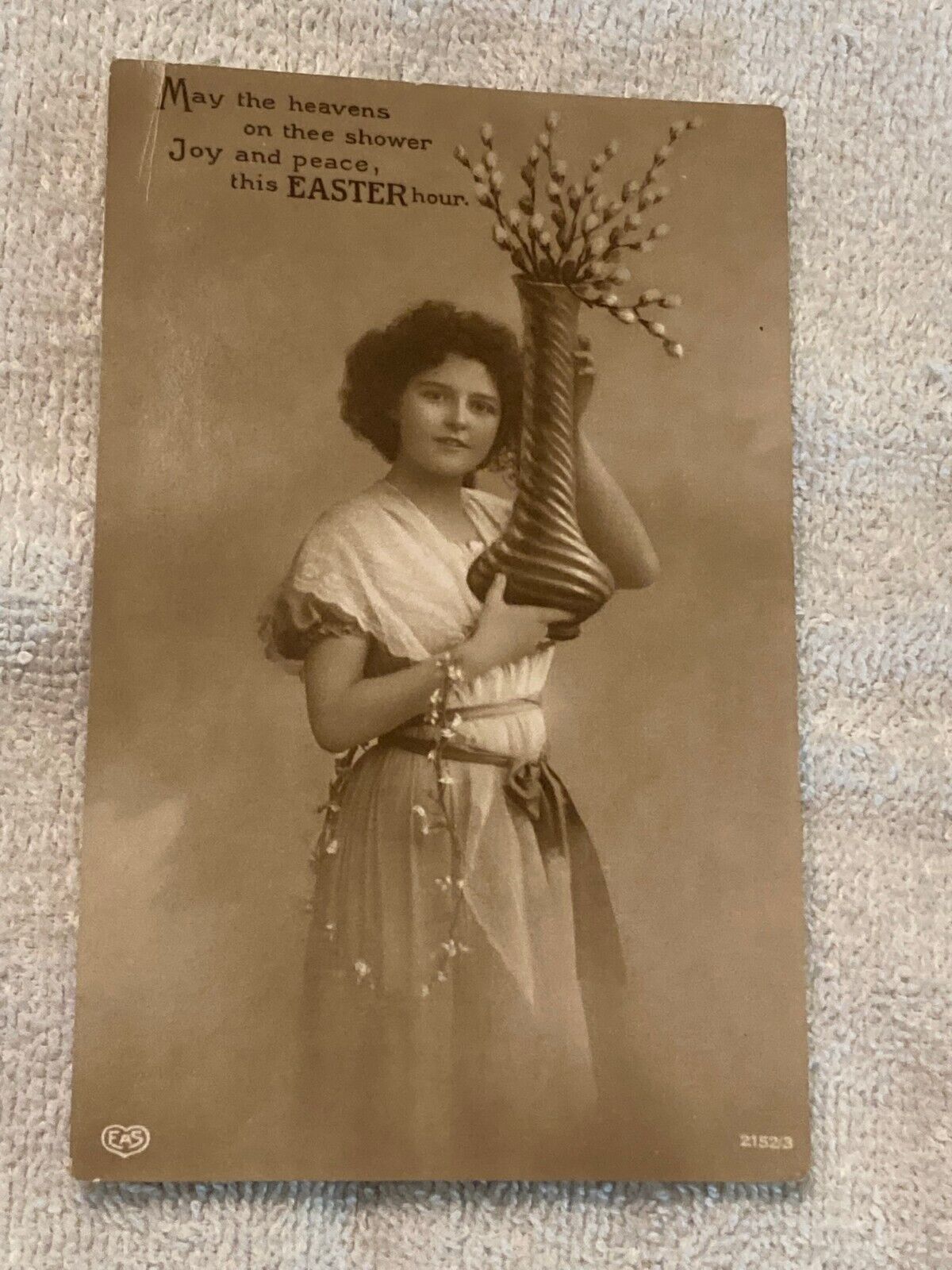 1907-1915 Easter Poem & Photo Postcard Cute Girl in Dress Holding Vase & Flowers