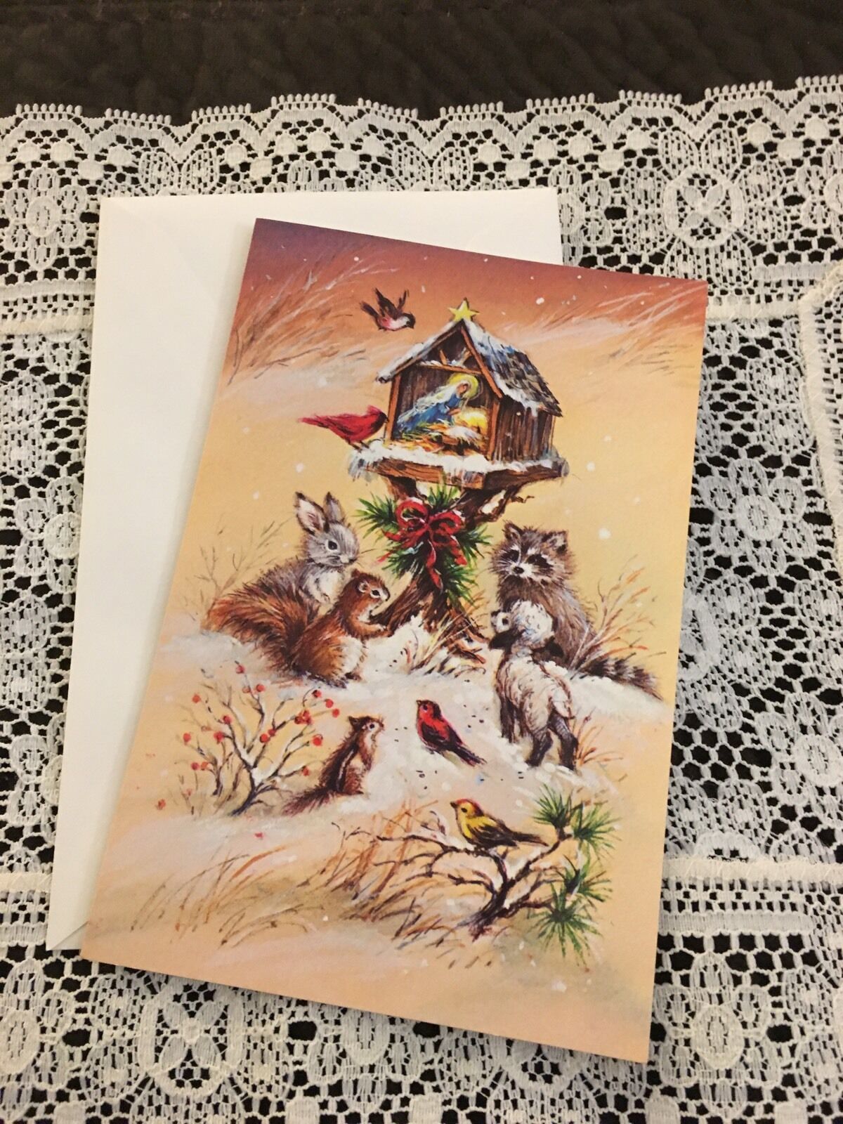 Vintage Greeting Card Christmas Animals Manger Birds A35