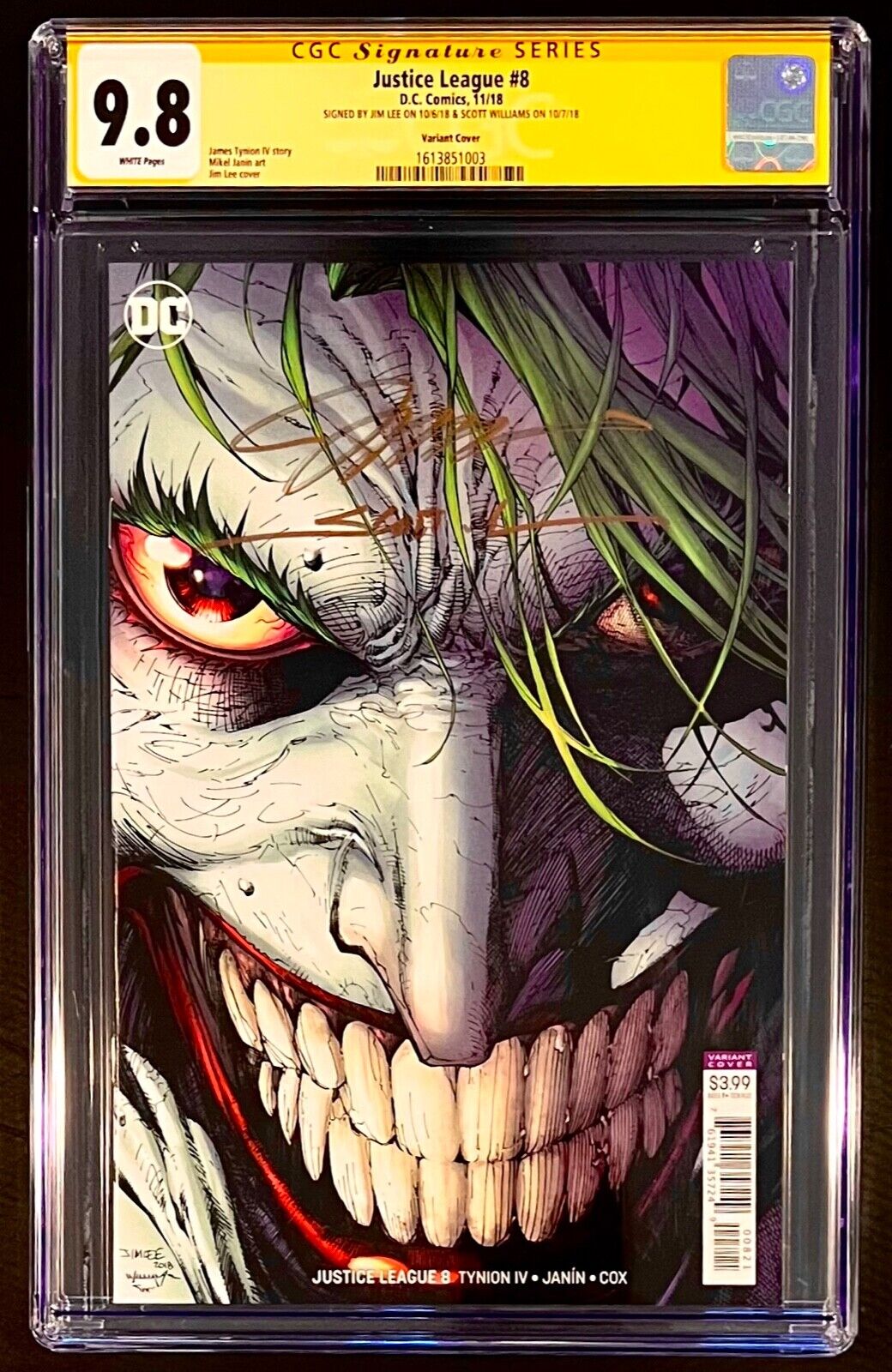 Justice League #8 CGC 9.8 SS Joker Jim Lee Variant Signed by Jim Lee / Williams