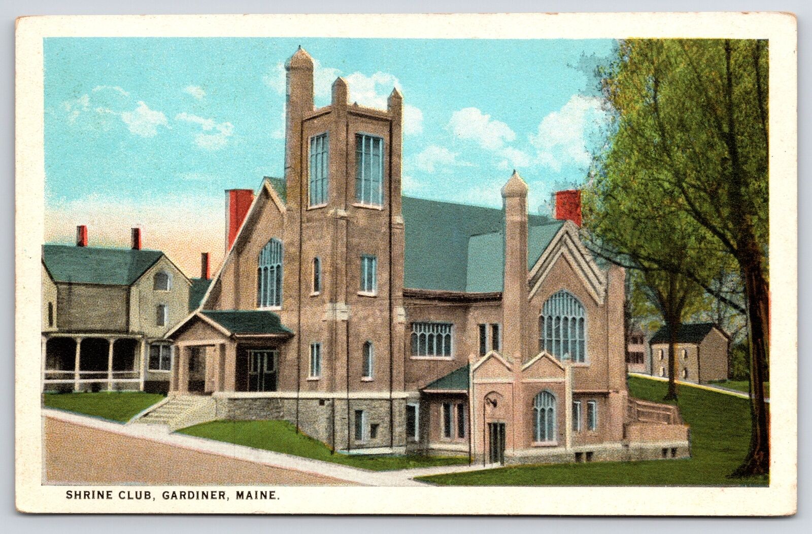 Shrine Club Gardiner Maine Landscaped Green Grounds Stairway Entrance Postcard