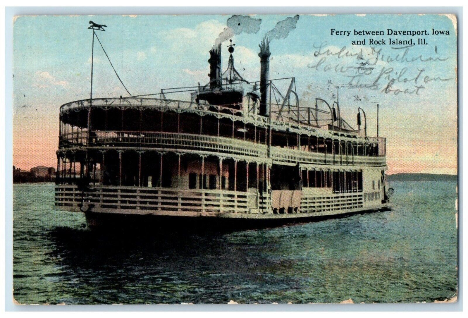 1914 Ferry Between Davenport Iowa And Rock Island Illinois IL Antique Postcard