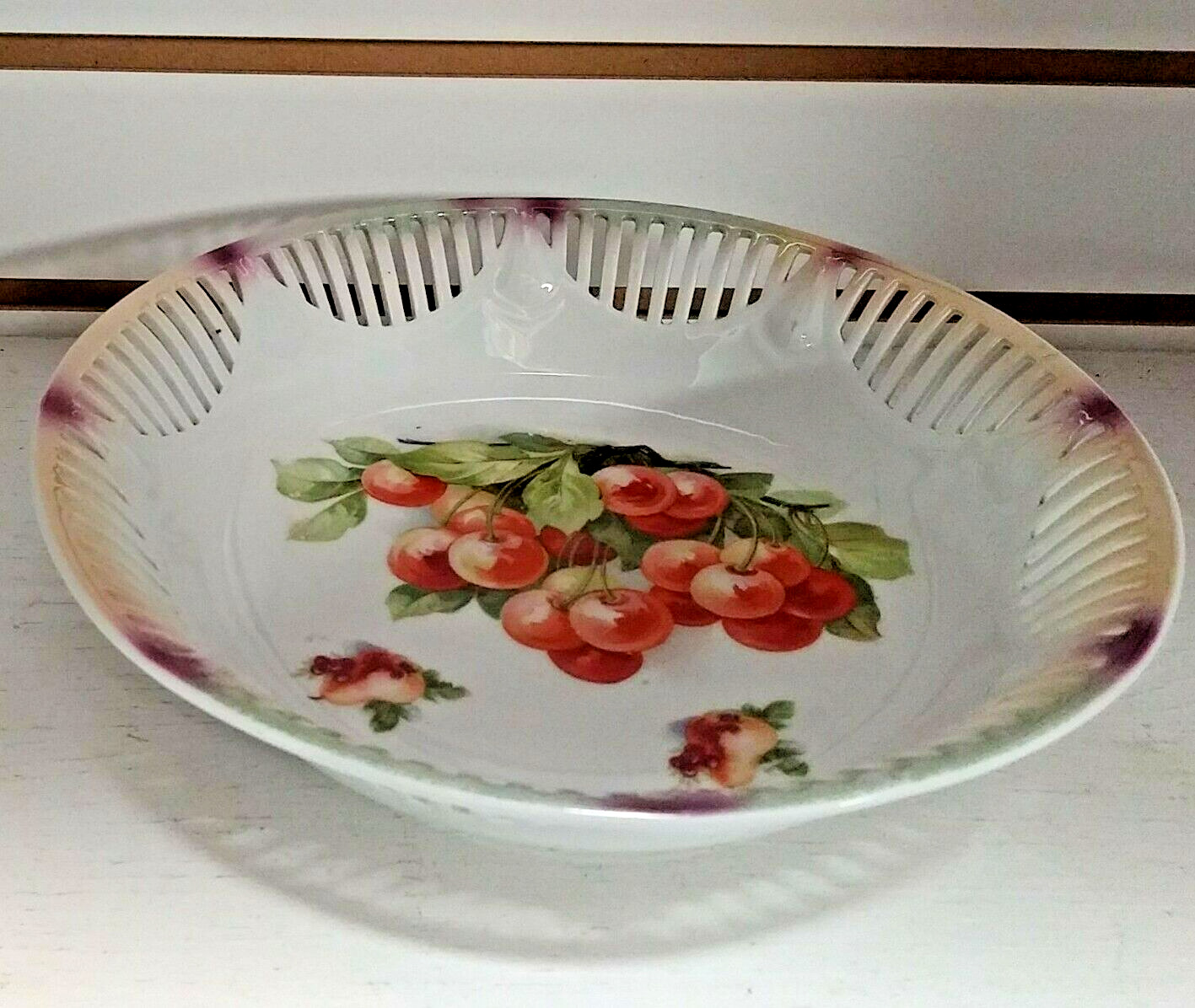 Vtg A C S Bavaria Reticulated Porcelain Cherries Bowl 9