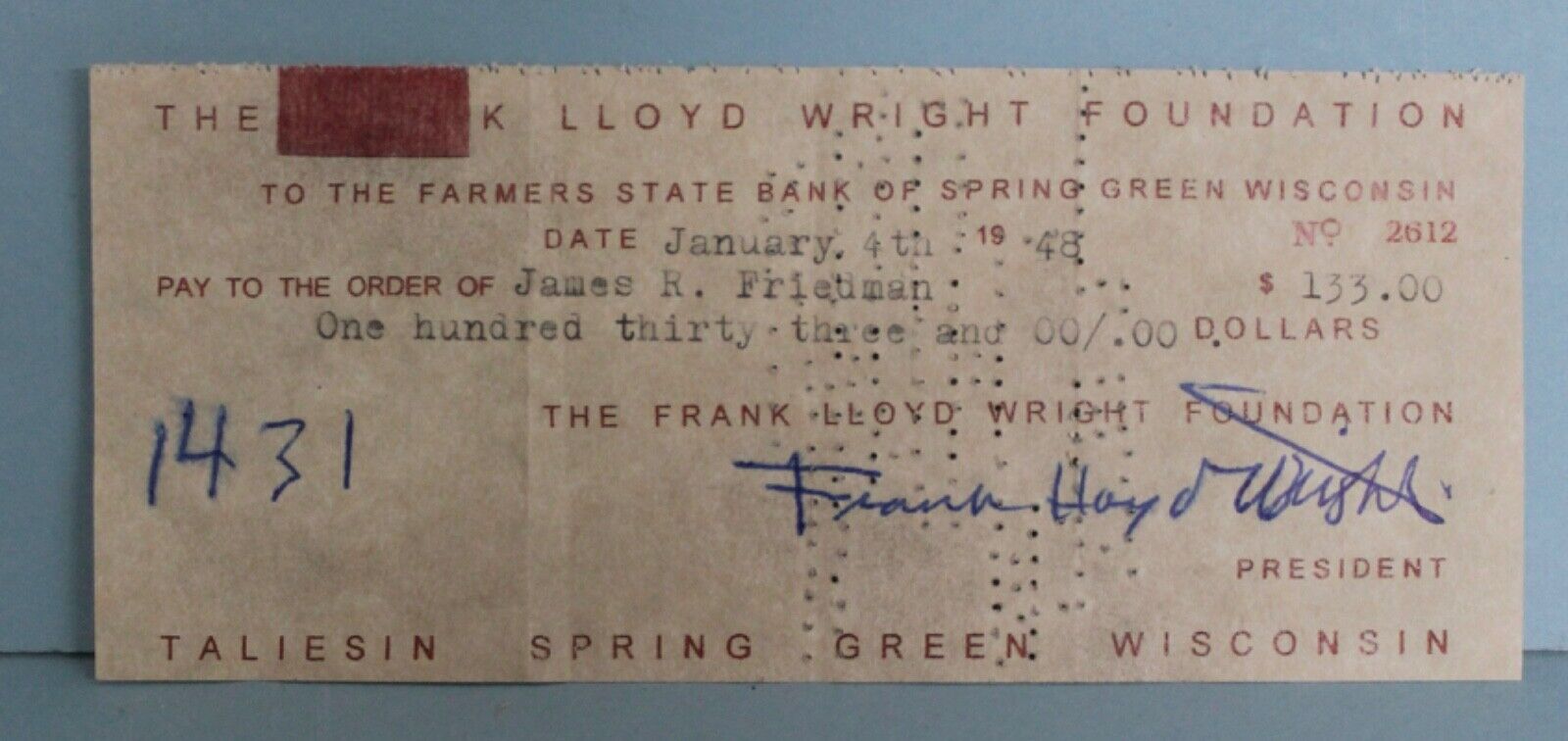 Frank Lloyd Wright Autograph Taliesen Check 1948 Full Signature
