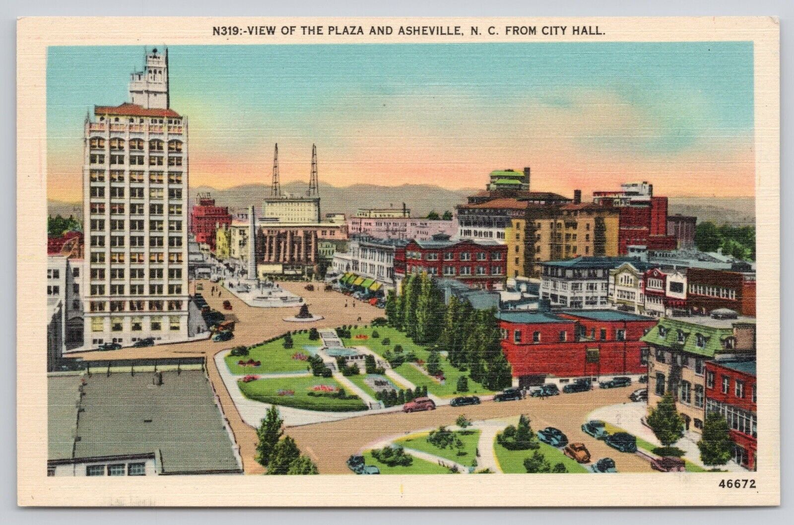 Aerial View of Asheville North Carolina NC Downtown Plaza Old Cars Postcard