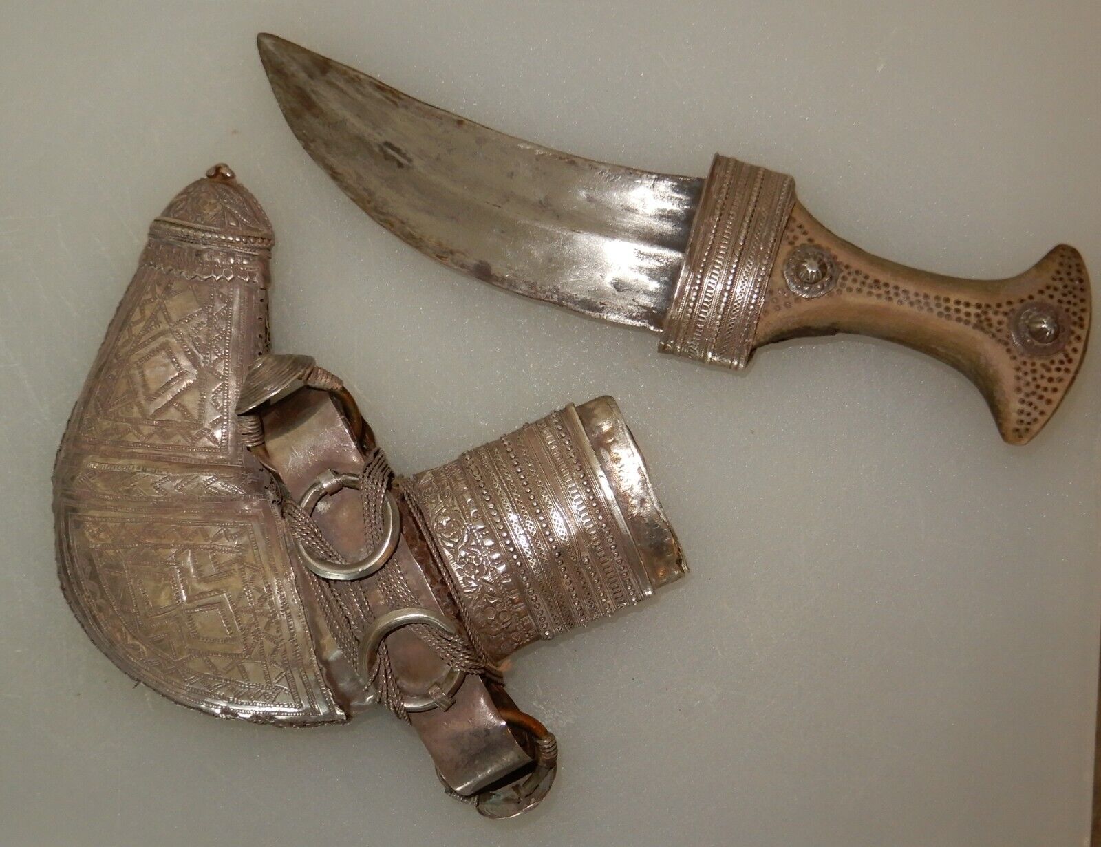 Antique Omani Khanjar Dagger in Silver-Wrapped wood Scabbard, Camel bone handle