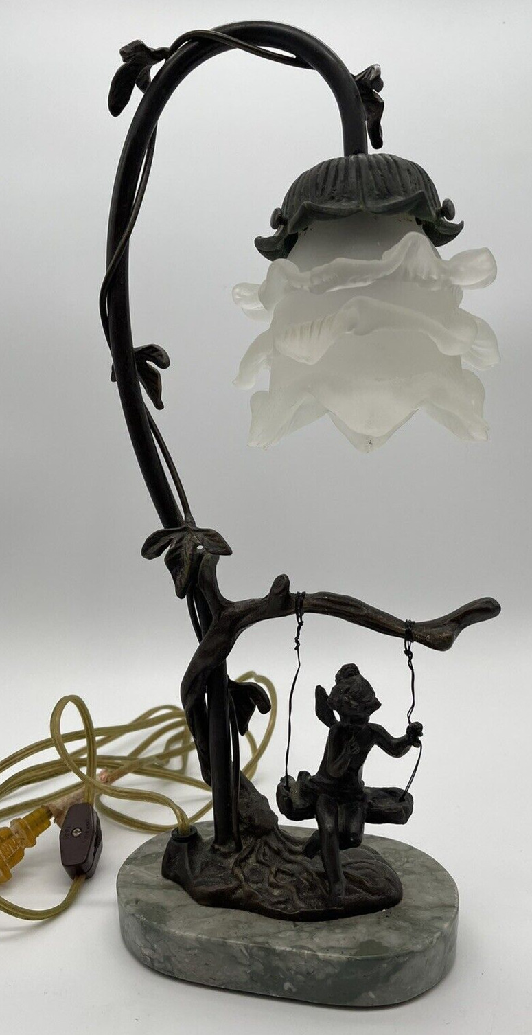 Art Nouveau Tiffany Style Swinging Cherub Bronze Table Lamp Granite Base 15\