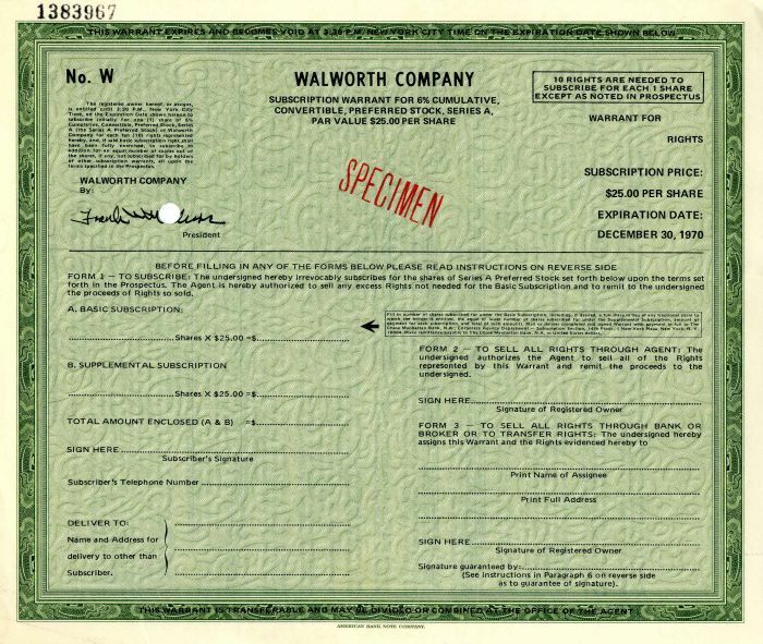 Walworth Co. - Specimen Stocks & Bonds