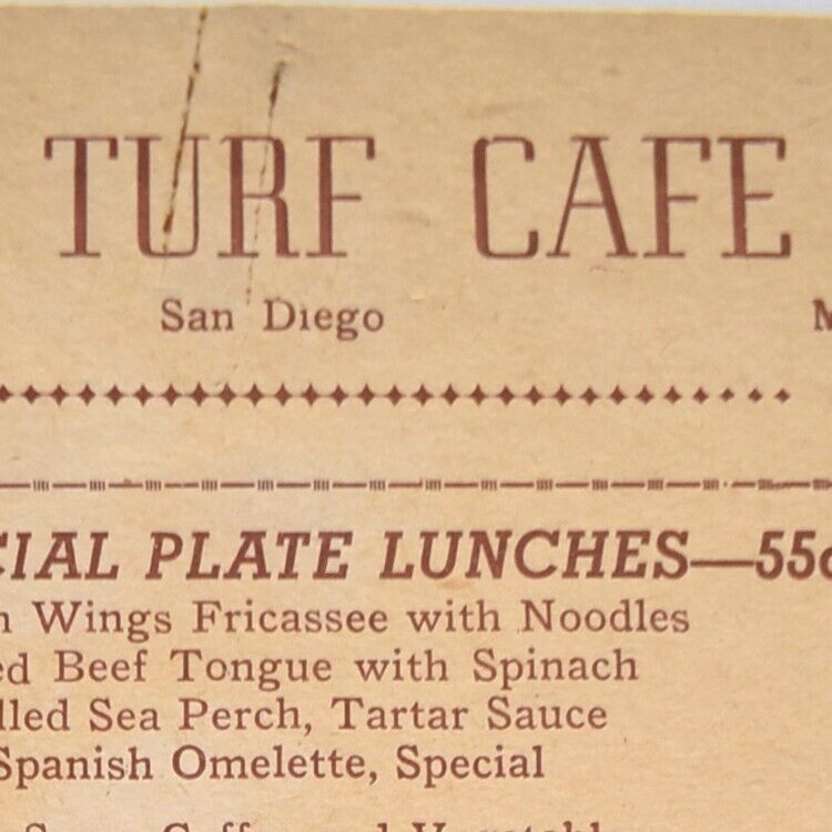 1948 Turf Cafe Restaurant Menu 1064 Third Avenue Café San Diego California #2