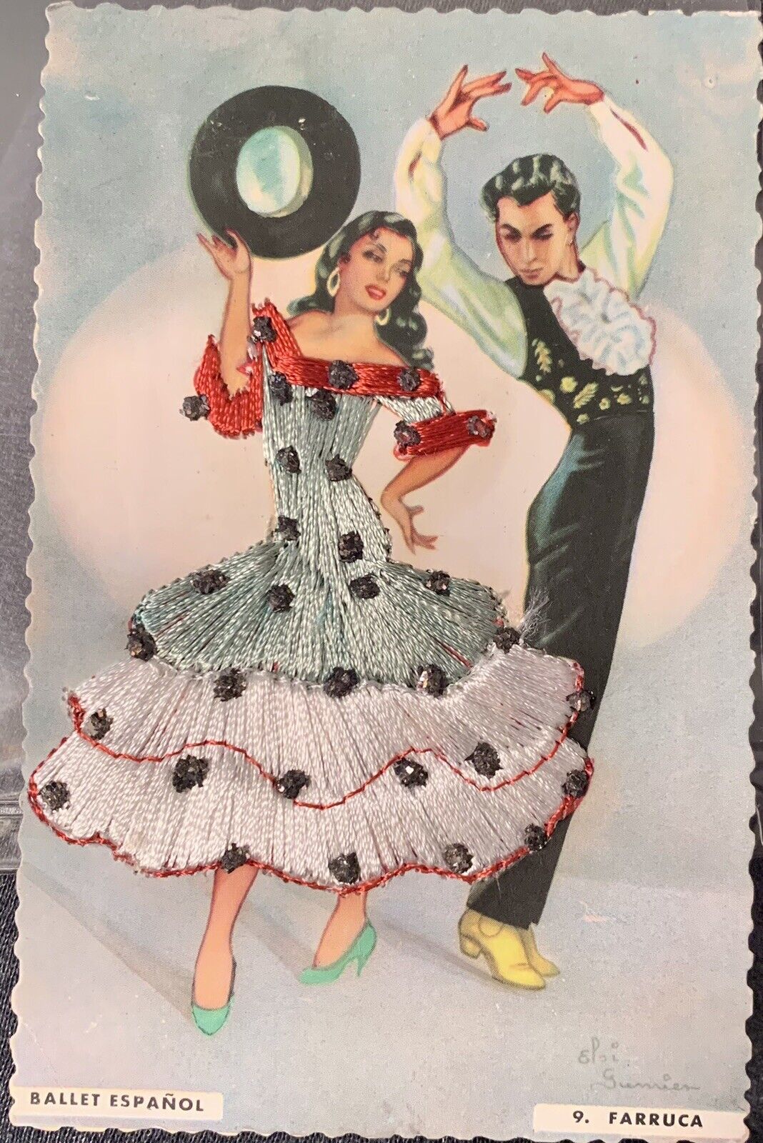 Vintage Embroidered Postcard Spain Farruca Flemenco Dancers