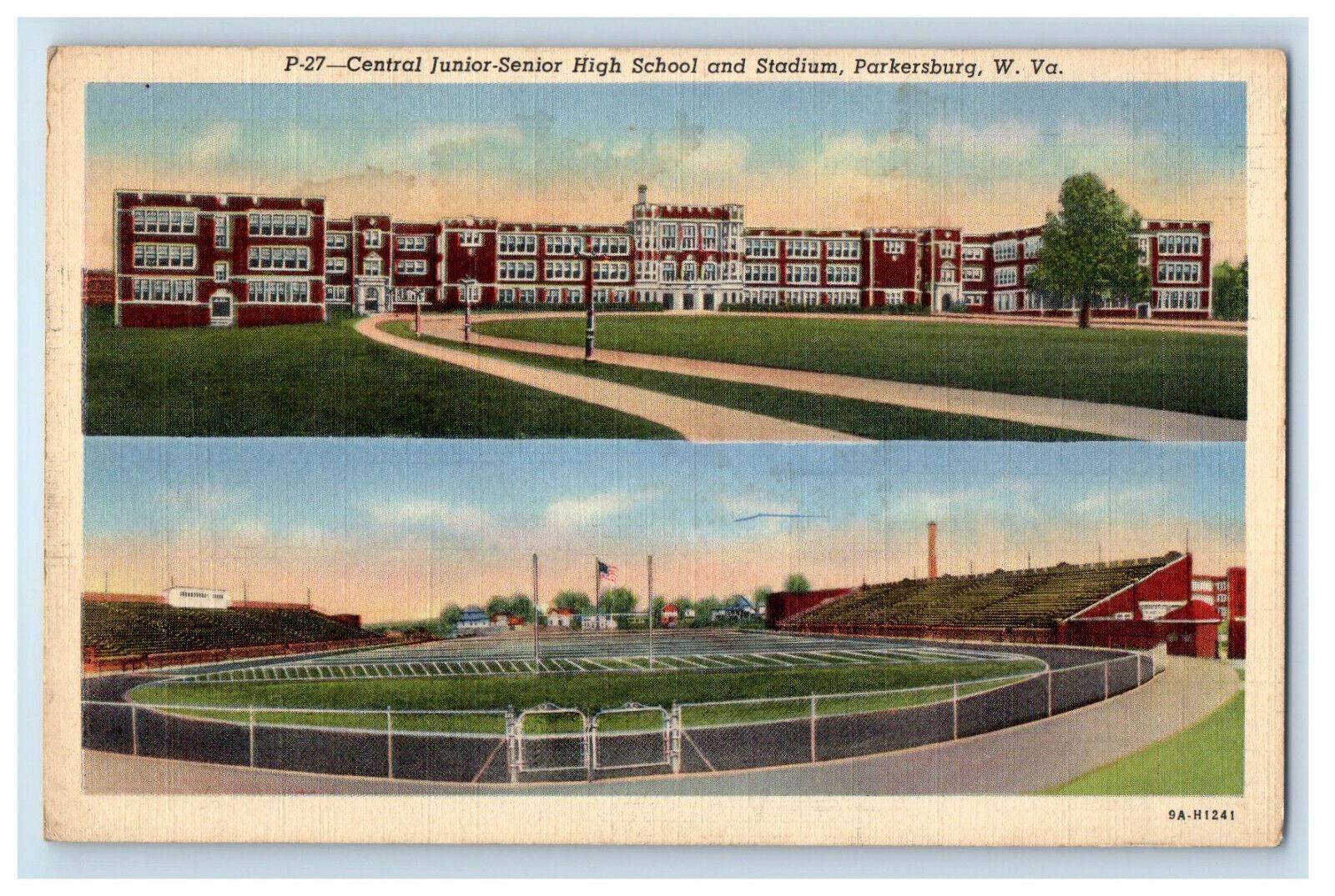 c1950s Central Junior Senior High School and Stadium, Parkersburg WV Postcard
