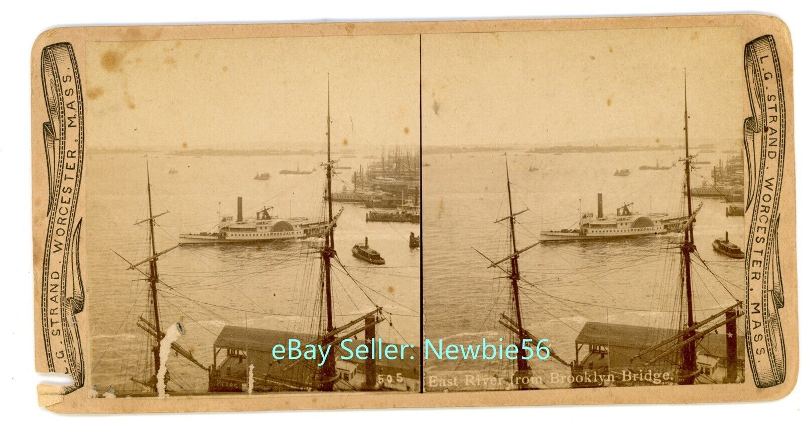 New York City NYC - EAST RIVER BOATS FROM BROOKLYN BRIDGE - c1880s Stereoview