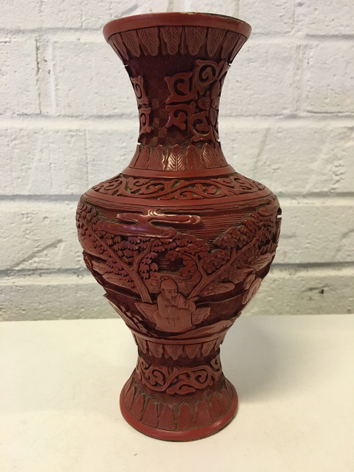 Vintage Antique Chinese Republic Period Cinnabar Vase w/ Immortal or Sage Dec.