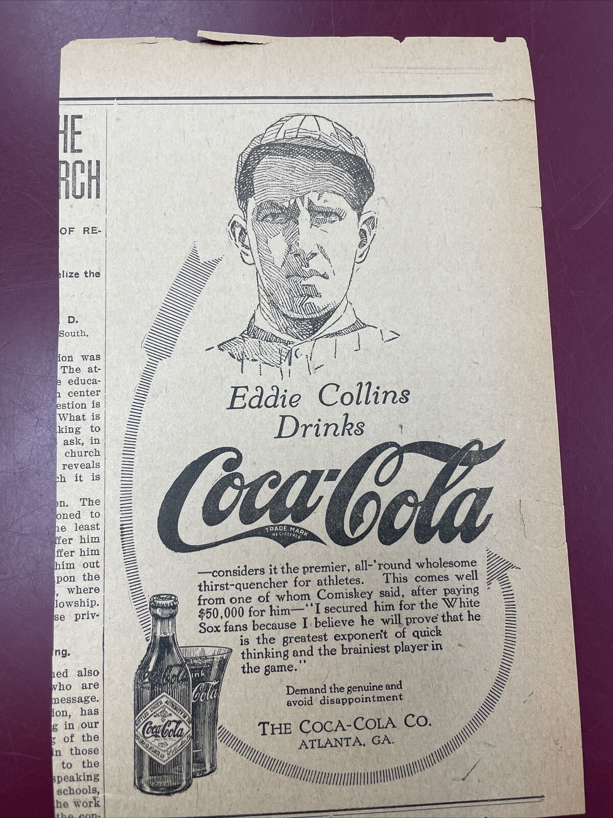 Vintage Coca Cola Eddie Collins Circa 1915 Advertisement Ephemra.Baseball HOF
