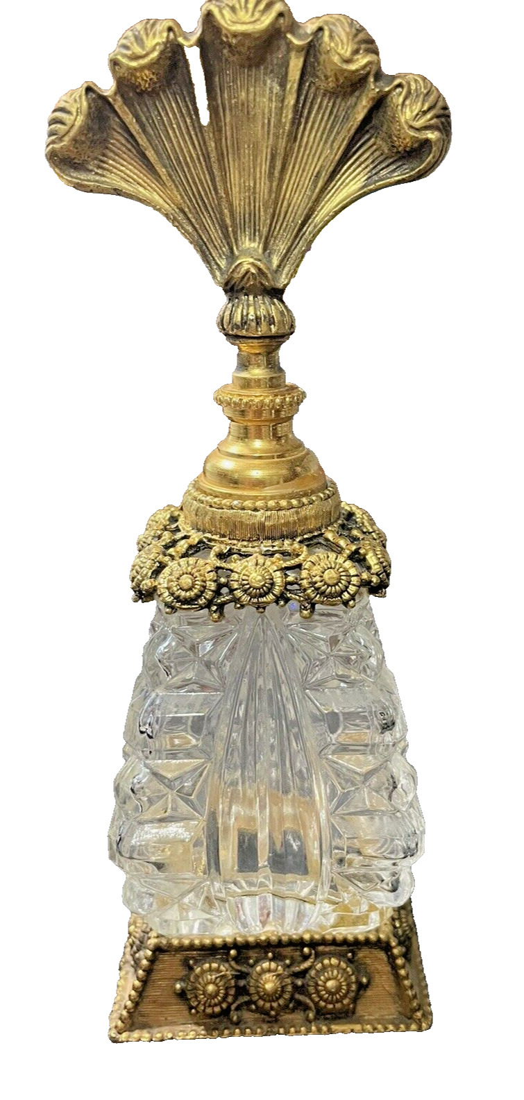 Vintage Perfume Bottle, Crystal with Ornate Gold Trim on Stopper & Bottle