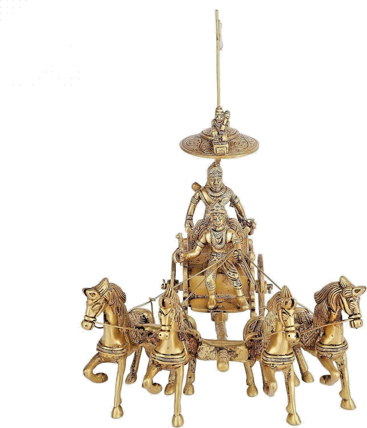 100% Brass Showpiece Mahabharat Krishna Arjuna Rath with 4 Horses 2Kg Home Decor