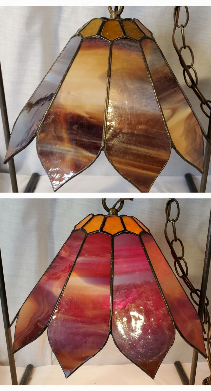 Vintage  Stained Glass Brown /Red Marble Hanging Lamp Tulip Shaped