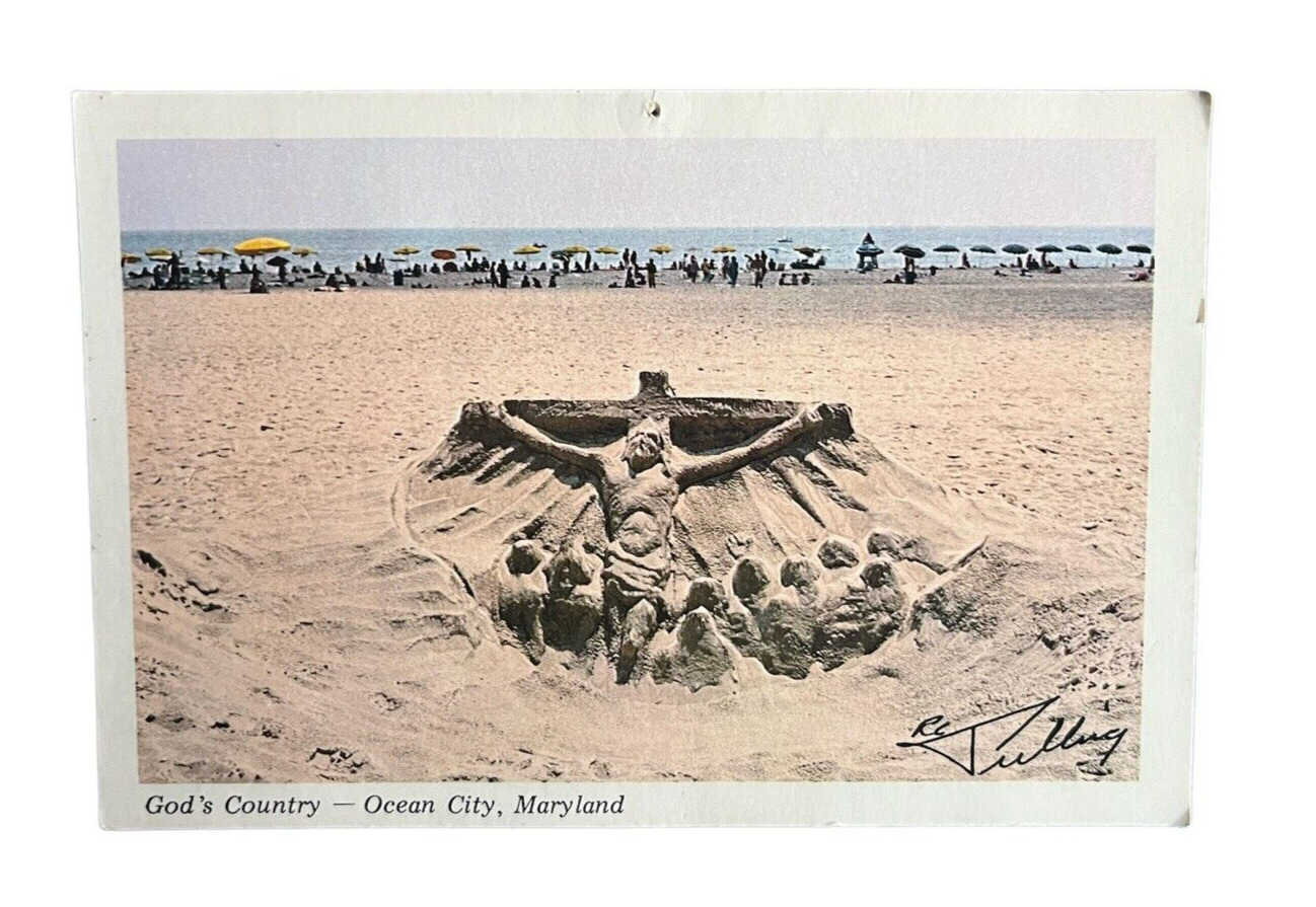 God's Country Ocean City MD Sand Sculpture Jesus Mark Altamar 1979  Post Card