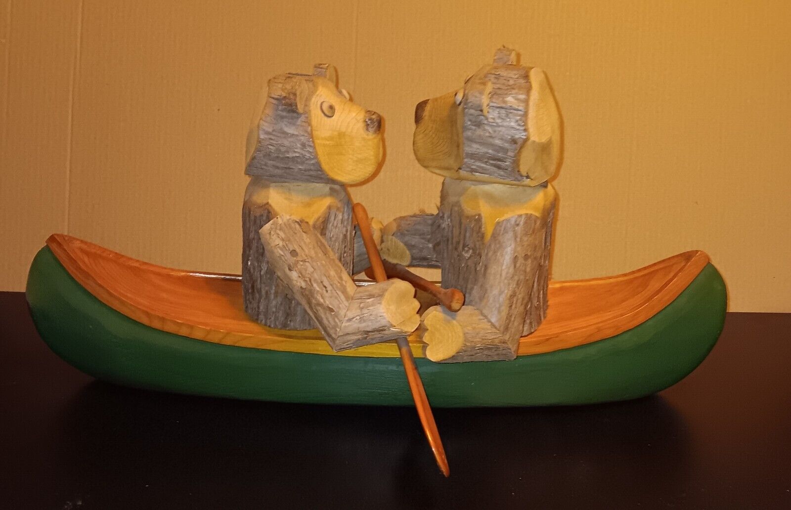Vintage Wood Carved Two Bears in a Canoe, 24\