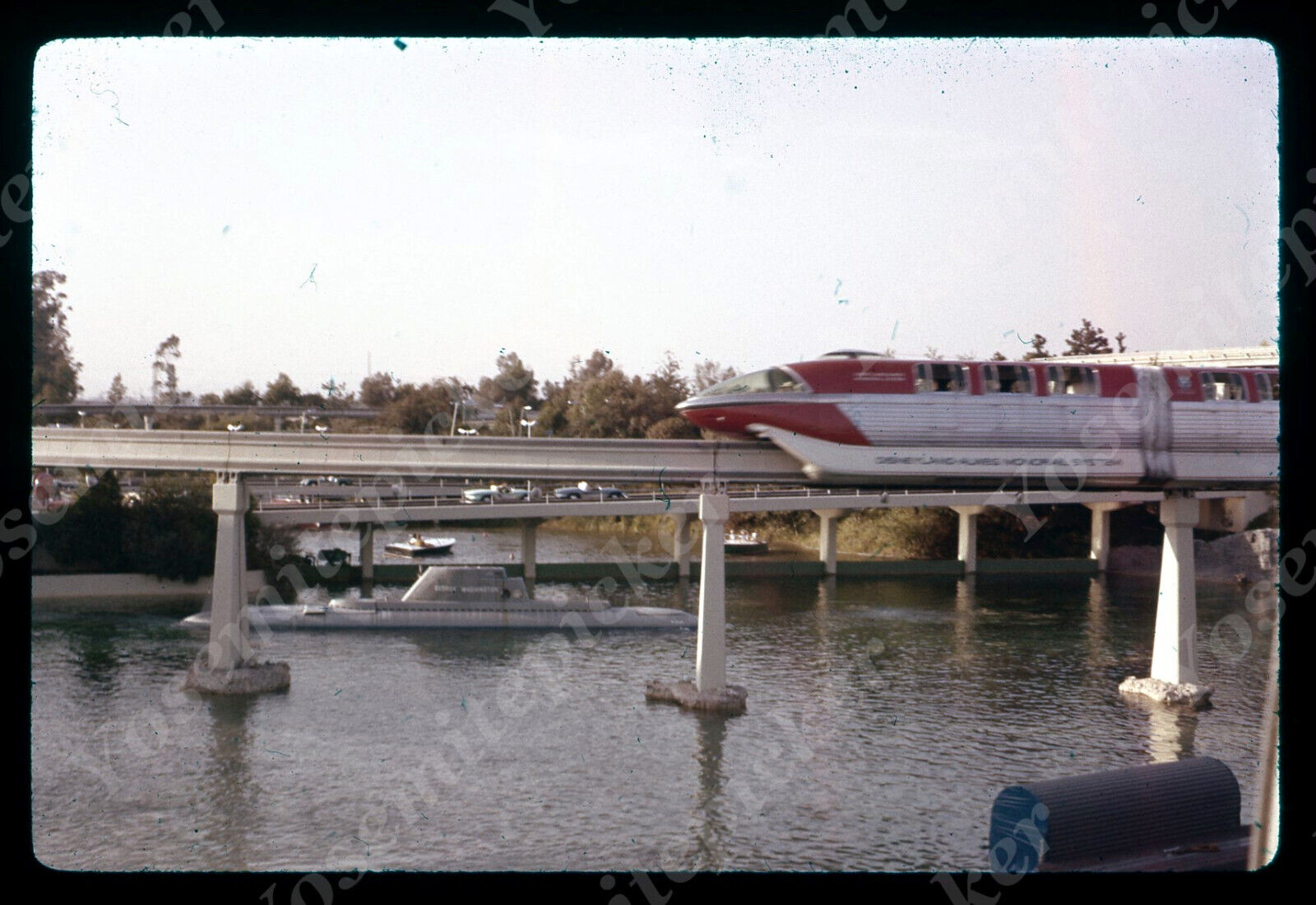 sl64  Original slide 1960\'s sepia  Disneyland Submarine Monorail 027a
