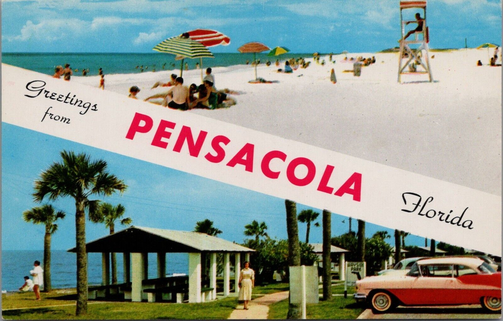 Pensacola Beach FL 1957 Greetings Banner Lifeguard Umbrellas Cars Postcard UNP