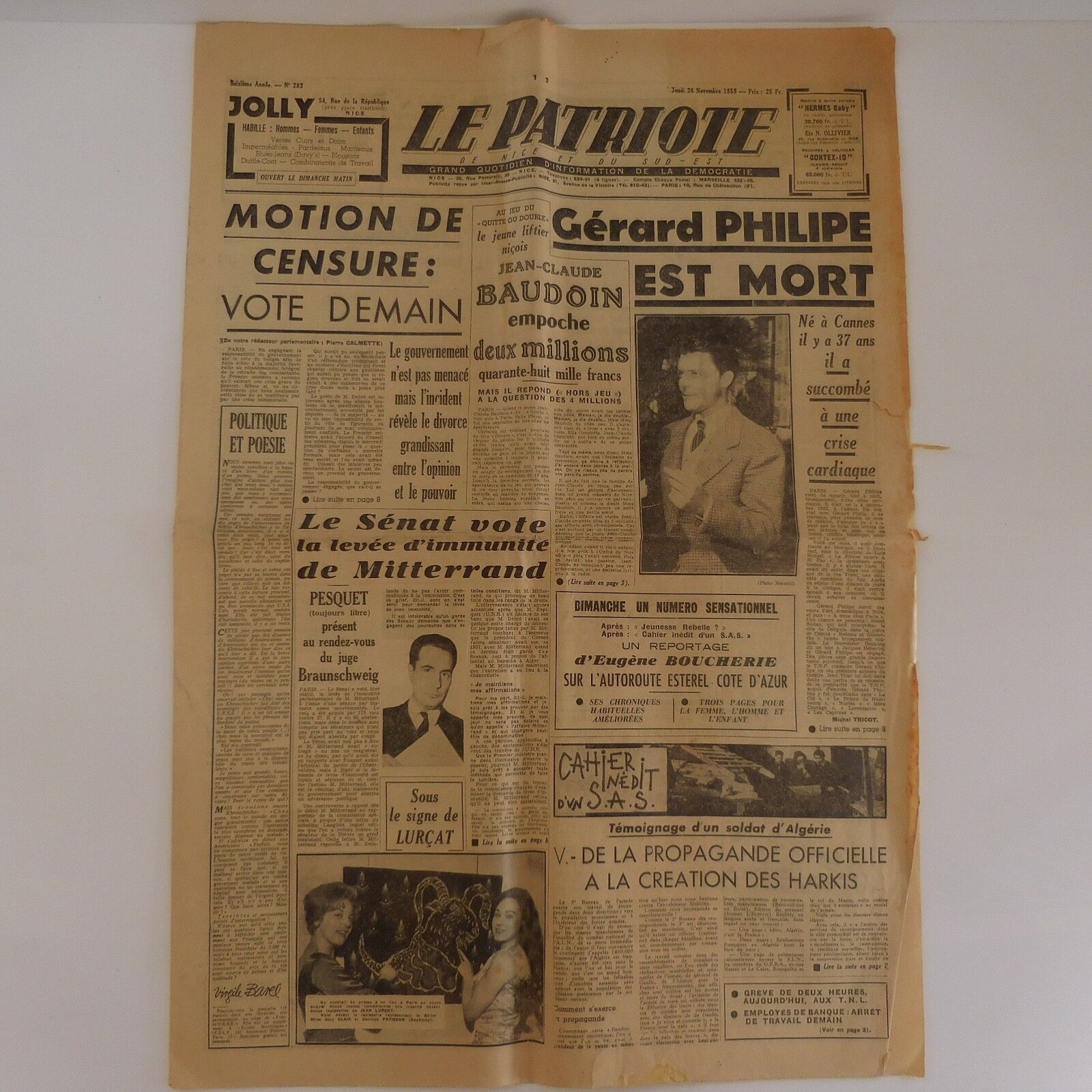 Daily Patriot N°283 Jeudi 26 November 1959 Death Gérard Philippe Nice France