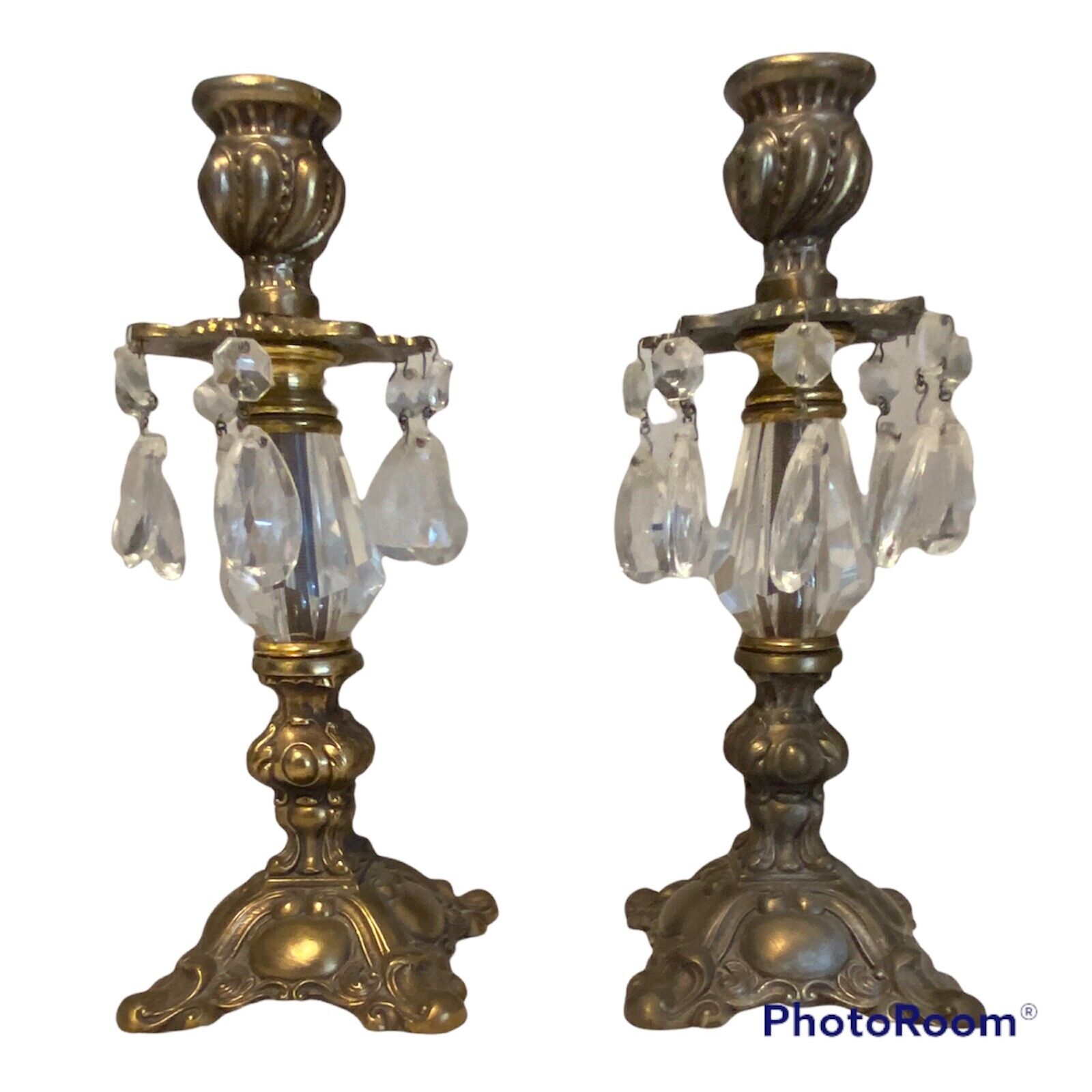 Pair (2) Antique Art Deco Candlestick Holders With Hanging Crystals EUC