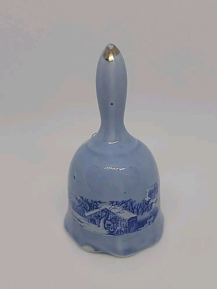 VINTAGE SMALL BLUE PORCELAIN CURRIER AND IVES WINTER SCENE BELL 