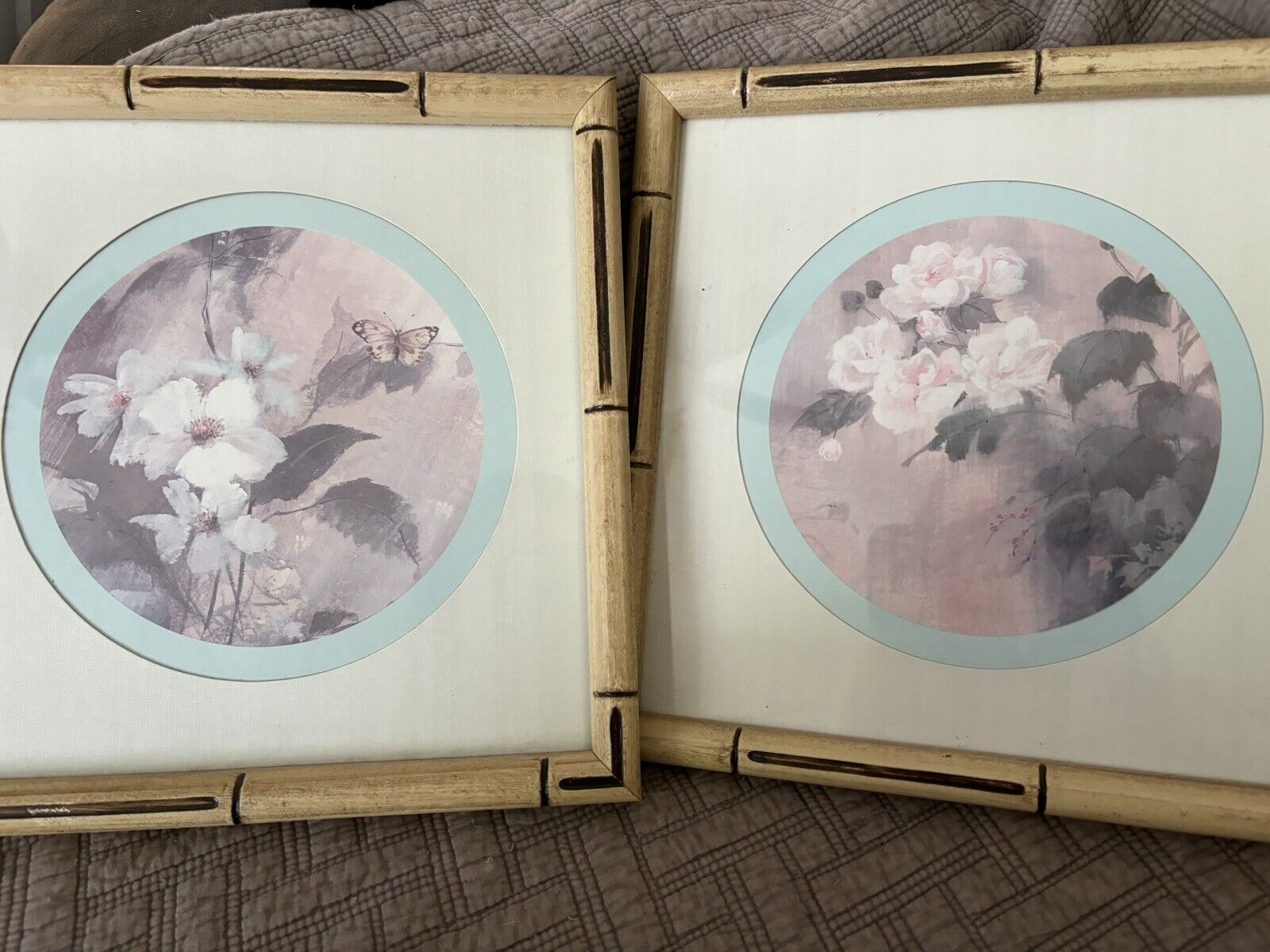 Vintage Pair Asian Floral Prints Wooden Bamboo Frame