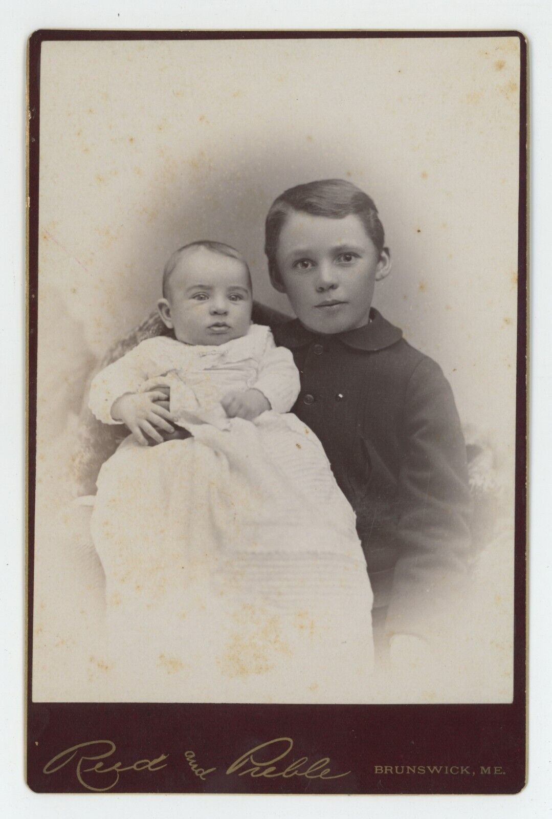 Antique Circa 1880s Cabinet Card Adorable Brother With Baby Brunswick, ME
