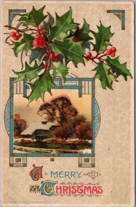 Vintage WINSCH MERRY CHRISTMAS Postcard Winter House Scene / Holly - 1912 Cancel