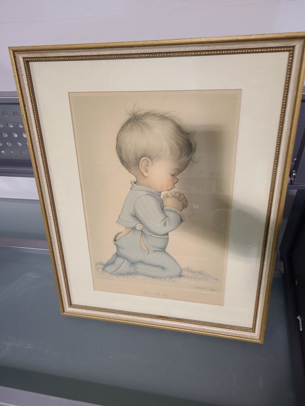 Vintage Bless Us All Framed Art Print Glass, Praying Baby Boy Nursery 15 x 19
