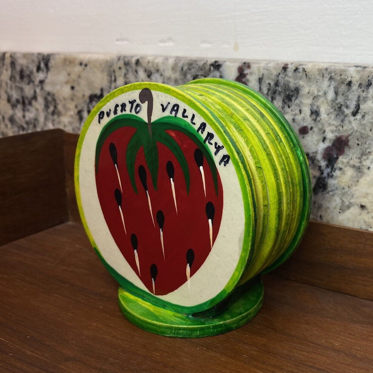 Puerta Vallarta Drink Coasters Set Of 6 Strawberries Handmade Hand Painted Wood