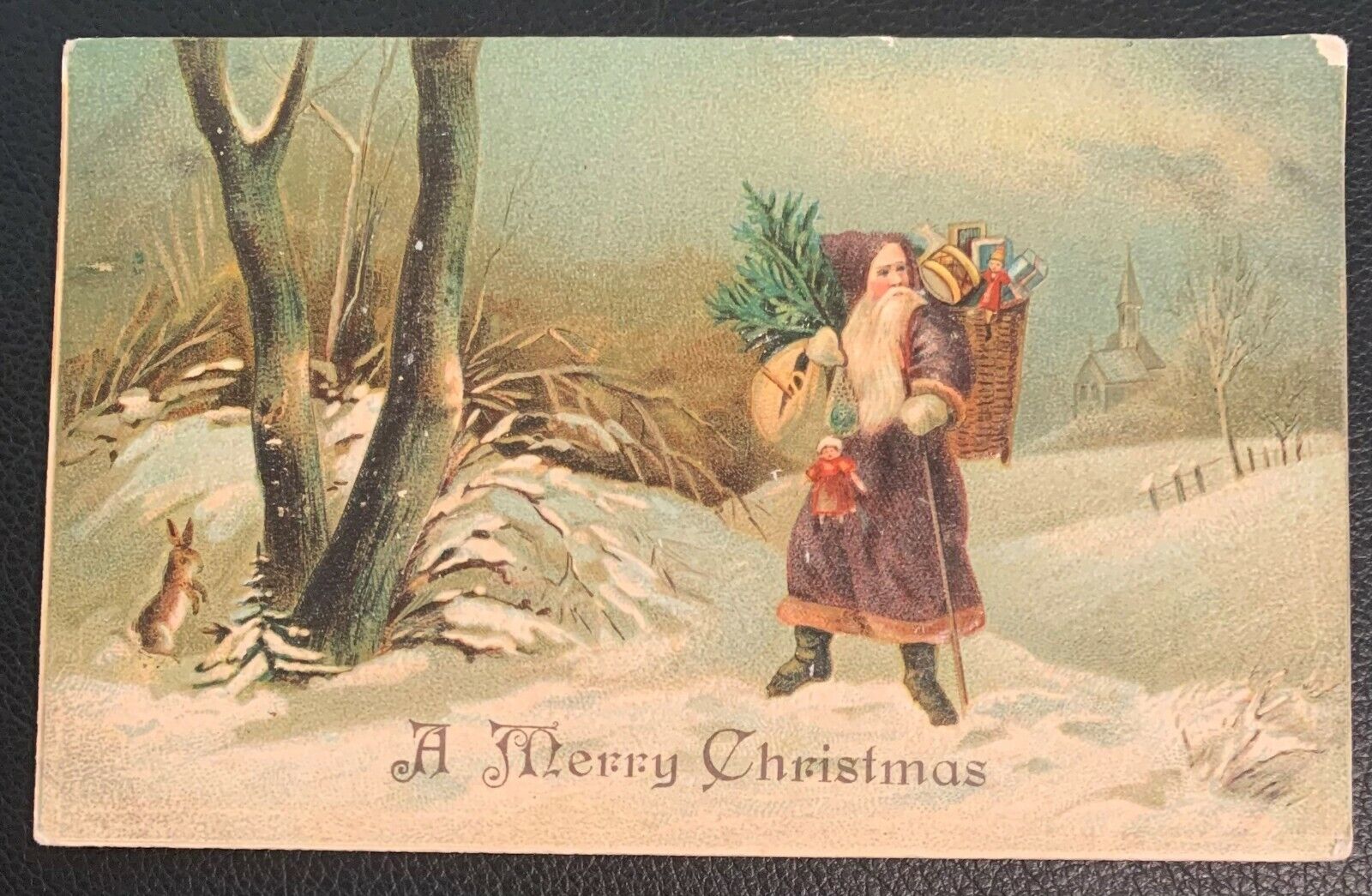 VINTAGE 1908 EMBOSSED A MERRY CHRISTMAS COLORED POSTCARD USED VF