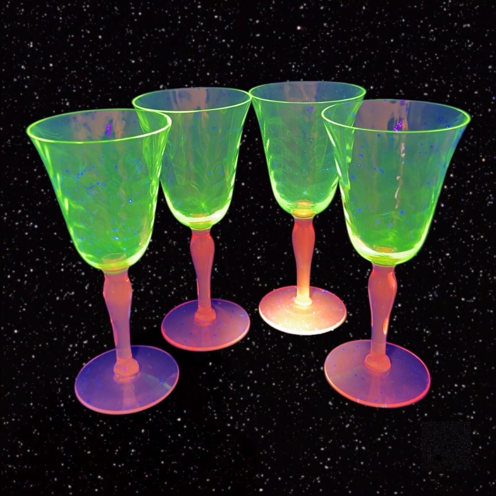 VTG Pink Glass Goblet Drinking Glasses Set 4 Manganese 365nm Green UV Glow