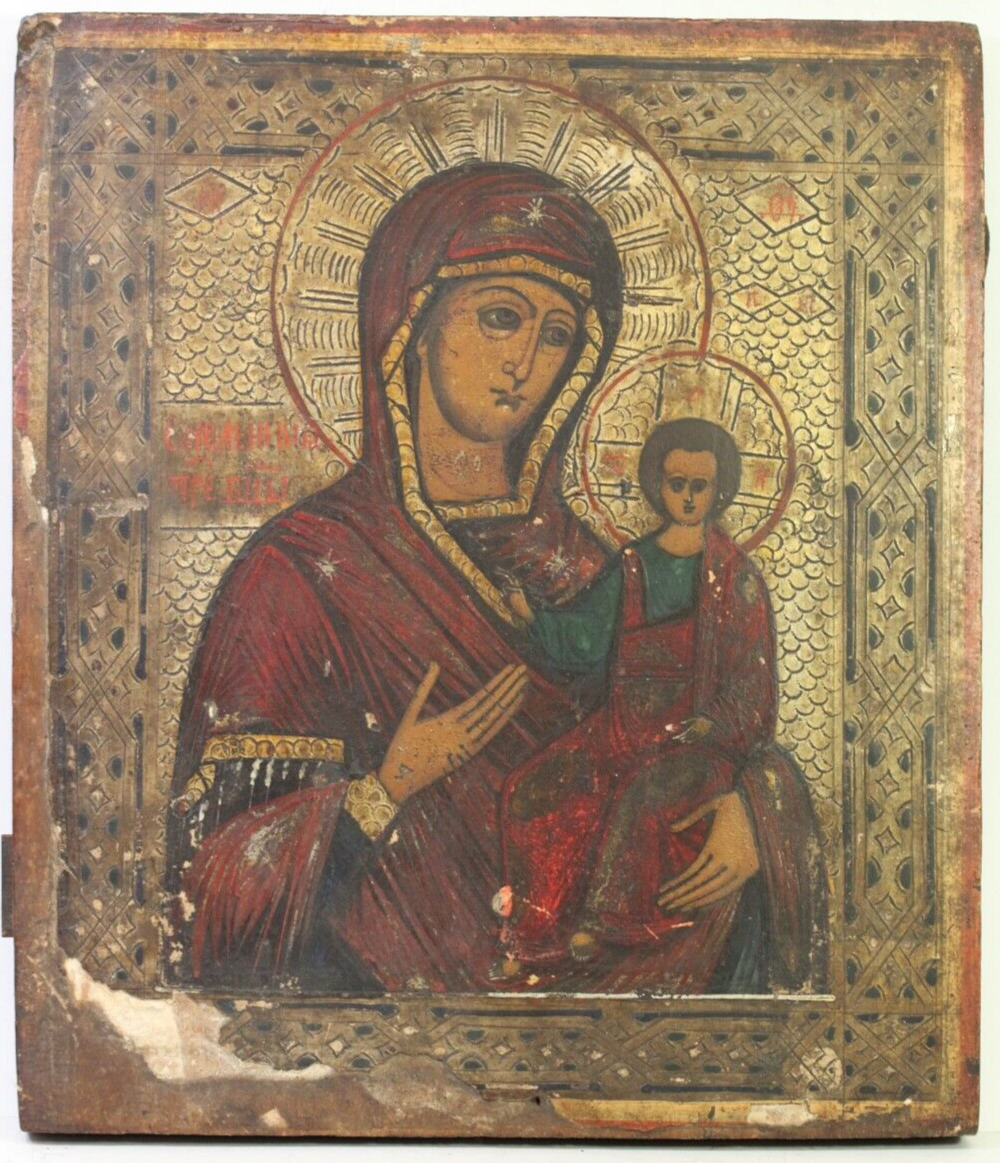 Antique 19c Russian Hand painted Orthodox Icon Mother of God of Smolensk