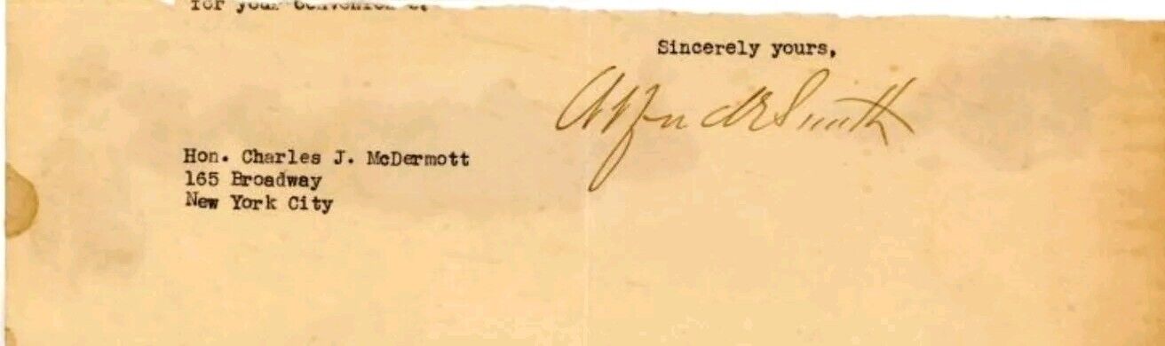 SIGNED Alfred E. Smith Governor Of New York Signed Letter (Partial) Autograph 